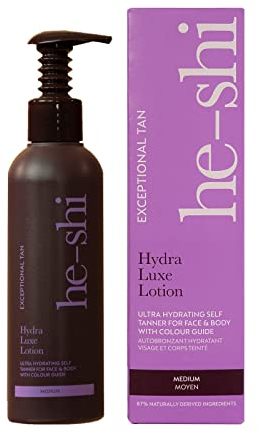 He-Shi Hydra Luxe Lotion autobronzante - Crème bronzante pour le visage et le corps - Bronzage doré impeccable et sans odeur autobronzante - Convient à tous les types de peau, homme et femme (175 ml)