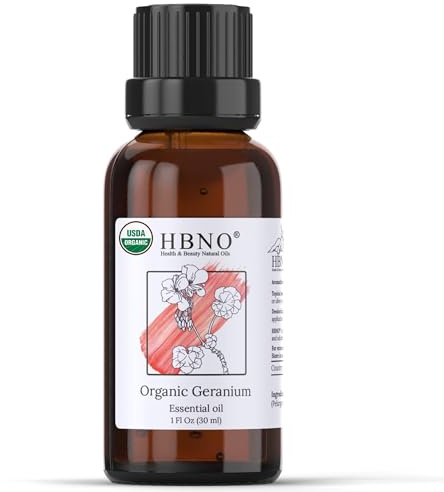 HBNO Organic Geranium Essential Oil - 1 oz (30ml) - USDA Certified Organic Geranium Essential Oil for Aromatherapy, Soap Making, DIY, Fragrances, Diffuser.