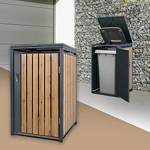 ML-Design Box pour 1 Poubelle, 240L, 68x80x116,3 cm, en Acier, Anthracite/Aspect Chêne, Résistant aux Intempéries, Habillage de Poubelle avec Couvercle Rabattable/Porte, Conteneur Abri Hangar