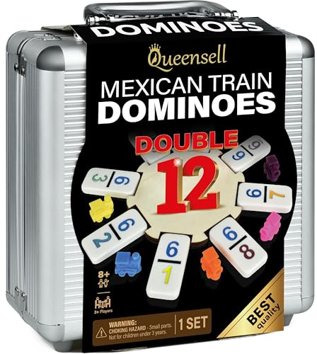Queensell Mexican Train Dominoes Set with Numbers, Double 12 Dominoes Sets for Adults, Mexican Domino Train for Adults and Family - Domino Sets 91 Tiles with Aluminum Case
