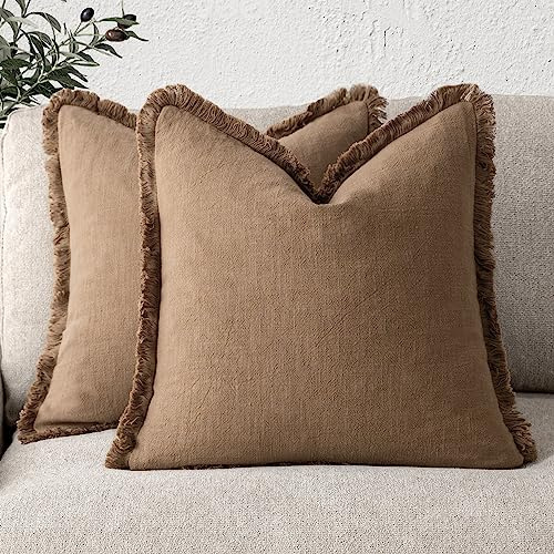 Foindtower Set of 2 Decorative Linen Throw Pillow Covers with Fringe, Cosy Boho Cushion Covers with Tassels, Soft Decorative Pillow Case for Sofa, Couch, Bed, Living Room, Home Decor, 46 x 46 cm