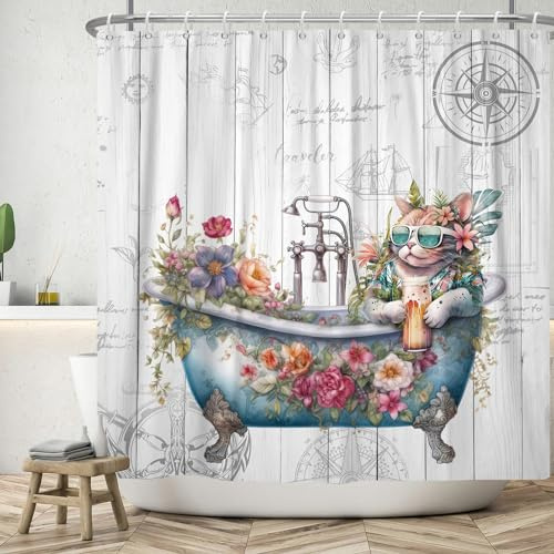 ASDCXZ Roligt duschdraperi 180 x 200 cm, vintage trä havsbakgrund roliga katt blommor löv tvättbara bad duschgardiner polyester textil vattentätt duschdraperi för badkar med 12 krokar