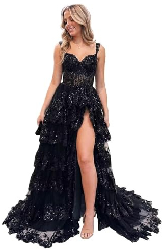 WilFiks Sequin Tiered Lace Applique Black Corset Prom Dresses 2026 Off Shoulder Formal Long Masquerade Ball Gowns for Women with Slit S US4
