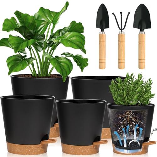 ENCOUN Vasi per Piante Autoirriganti Set 5, 13/14/15/17/18cm Vasi per Piante con Sottovasi, Vasi Autoirriganti con Fori, Vasi per Piantes da Interno per Casa e Ufficio, Cactus, Orchids, Piantes