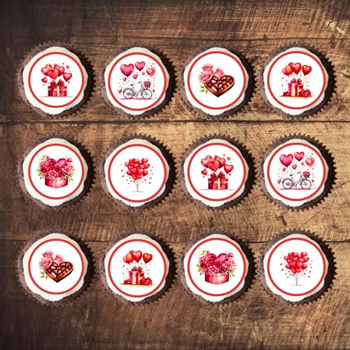 PRECUT Red Valentines Day Mini Cupcake Toppers, Love You Edible Cake Topper, Edible Valentine Cake Decorations, Proposal Decorations, Engagement Cake Decoration, Cute Anniversary Cake Toppers (24)