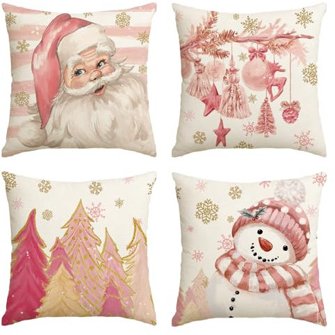 Artoid Mode Rosa Weihnachtsmann Schneemann Weihnachtskugeln Bäume Weihnachten Kissenbezüge 4er Set, 50x50 cm Zierkissenbezug Cushion Cover Couch Deko