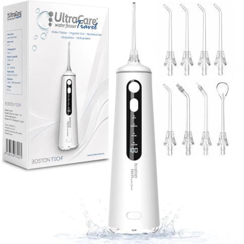 Irrigador Bucal Portátil, ULTRA CARE Irrigador Dental Inalámbrico Profesional - 8 Boquillas - 4 Modos, IPX7 - Remueve la placa, Ideal para brackets y un aliento fresco.