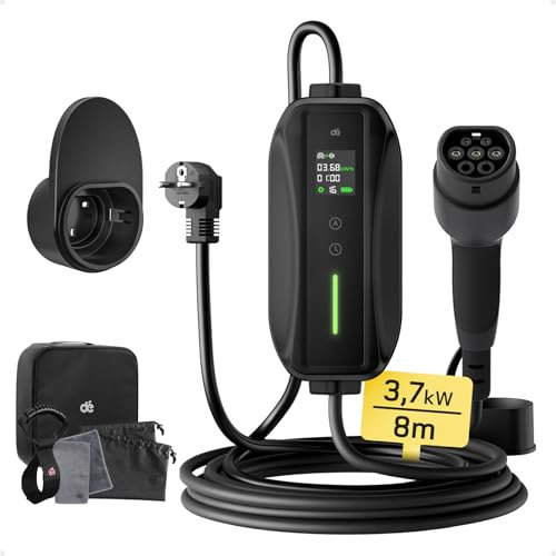 dé Cavo Ricarica Auto Elettrica Tipo 2 Schuko 8m [3,7kW| 6-16A] Colonnina Ricarica Auto Elettrica, Wallbox Portatile con LCD Digitale e Supporto Compatibile con Model 3/Y, Seal U e Altri EV/PHEV