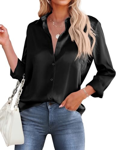 HOTOUCH Silk Shirts for Women Button Down Satin Dressy Casual Blouses Long Sleeve Business Work Elegant Tops Black L
