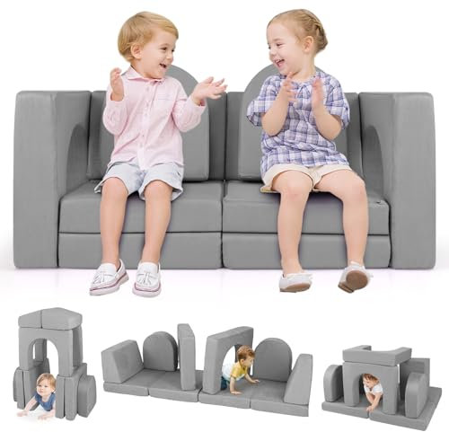 COSTWAY Kindersofa 8-teilig, Spielsofa aus Schaumstoff Bausteine mit bequemem Wildlederstoff, Modulares Spielsofa für Kinder zum Spielen (Grau)
