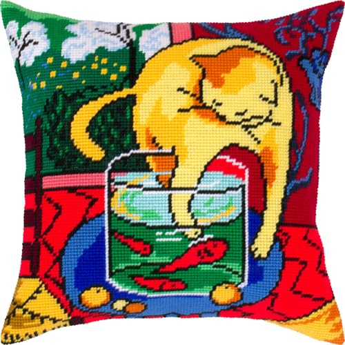 Brvsk katt med fisk. Broderi kit med tryckt gobelängduk (40 × 40 cm) – broderikudde kit för kreativ heminredning – handarbetskit för vuxna nybörjare