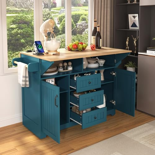 Ball & Cast Large Green Rectangular Kitchen Island with 2 Drop Leaf, 3 Drawers, 2 Doors, Folding Storage Dining Table, Spice & Towel Rack, Power Outlet & USB Port, 5 Wheels, 55.7W x 34D x 36.5H