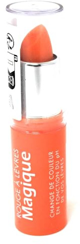 Magischer Lippenstift, vegan und natürlich, Farbe Orange, wird je nach pH-Wert der Lippen mehr oder weniger rosa