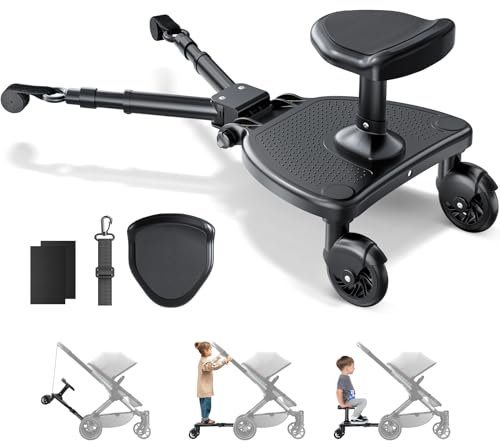 ENERHUB Buggy Board mit Großer Sitz, Trittbrett Für Knderwagen Universal, Buggy Board mit Sitz für Kinder von 2-6 Jahren, Bearing 25KG (Schwarz)