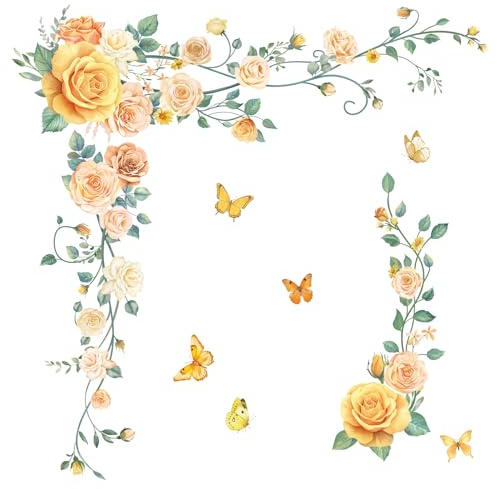 Fufuquare DIY Adesivi da Parete con Rose Gialle Botaniche Adesivi Murali Fiorali Non Tossici e Impermeabili per il Nursery la Camera da Letto il Salotto e il Bagno