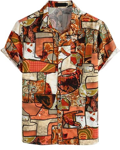 PARKLEES Camicia da uomo in cotone e lino, stile vintage anni 70, modello retrò a maniche corte con bottoni, Arancione, L