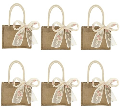 6 bolsas de la compra de yute con base de yute, bolsa con asas, bolsa con cinta de flores, reutilizable, boda, manualidades, para damas de honor, bolsas de regalo, bolsas de la compra, bolsas de viaje