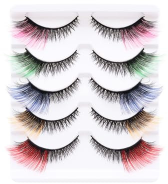 ZORVYN 5 Paar Bunte Künstliche Wimpern, 3D Farbige Falsche Wimpern Handgemacht Wiederverwendbar für Karneval Fasching Party Make-up