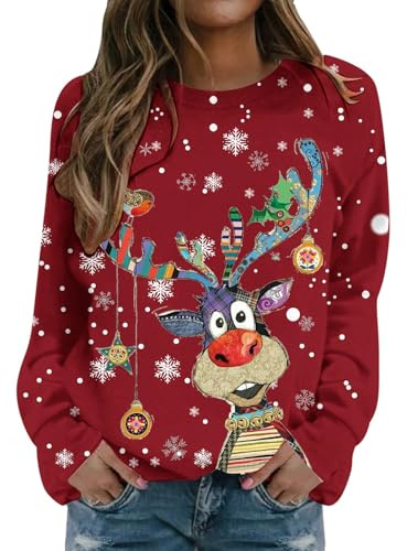 Pull Moche De Noel Femme Rigolo Hiver Drôle Sweat Pull à Col Rond et Manches Longues Sweatshirt Slim Fit Pullover Grande Taille Sweat Haut Décontracté Ample Pullover Haut