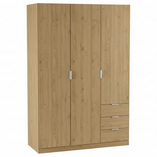Bricozone Armadio Multiuso 3 Ante Con 3 Cassetti Guardaroba Salvaspazio Con Barra Appendiabiti Struttura Compatta Design Moderno 121x52x180 Cm (Rovere)