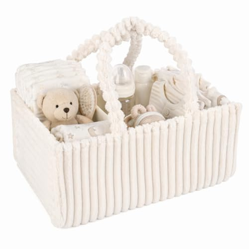 Panier Rangement Bébé, 38x25,5x18 cm Organisateur de Couches Bébé avec Poignée, Compartiment Amovible, Portable Organisateur Table a Langer Bebe en Peluche pour Lingettes, Couches, Insert, Blanc