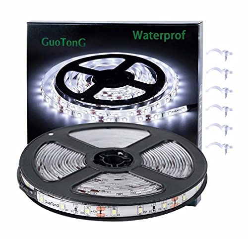 GUOTONG 16.4ft/5m White LED Strip Lights, Waterproof & Cuttable 300 SMD 2835 Tape, 6000K 12V Flexible Ribbon for Kitchen, Cabinet, Indoor/Outdoor Lighting (No Power Supply)