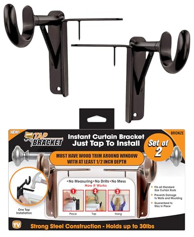 Spark Innovators Tap Curtain Rod Bracket, Bronze, Set of 2 – No Drill Curtain Rod Brackets, Damage-Free, Easy to Install | Fits 1.25 Rods, Holds up to 30 lbs, As Seen on TV – Great Gift Idea for Moms
