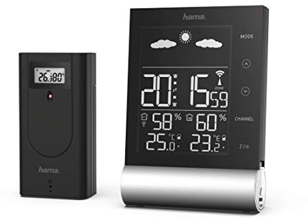Hama Stazione meteo radio con sensore esterno Black Line (con previsioni meteo, misura temperatura interna ed esterna, termometro, igrometro, allarme antigelo, orologio radio DCF, sveglia, colore: