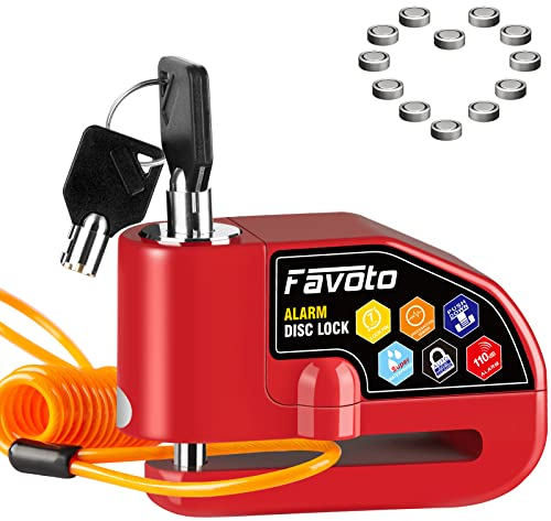 Favoto Motorrad Bremsscheibenschloss Alarm Scheibenschloss,2 Schlüssel und 12 Batterien (3 Jahre Verfügbar) 110dB Laute Motorradschloss Fahrradschloss mit1.2m Erinnerungskabel Rot