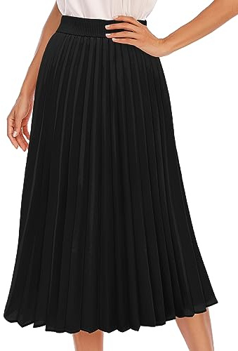 DRESSTELLS Pleated Skirts for Women Midi Length Long Elastic High Waisted A-Line Summer Flowy Chiffon Work Office Skirt 2026 Black S