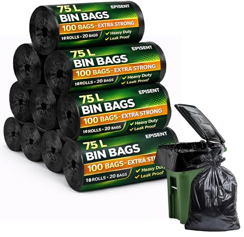 EPISENT 75 L Heavy Duty Bin Bags, 200 Extra Strong Black Bin Liners (10 Rolls of 20 Bags), Tear Resistant Leak Resistant Rubbish Sacks for Kitchen Garden Office and Commercial Use