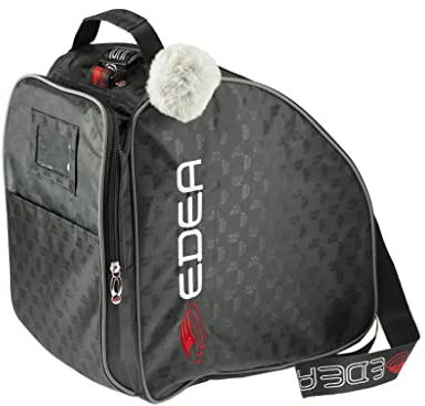 Edea Schlittschuhtasche, Jacquardgewebe, Dickes reißfestes Gewebe, Nietenboden mit Ablaufloch, Verstellbarer Schultergurt, gepolsterter Tragegriff, Abnehmbarer Fellbommel