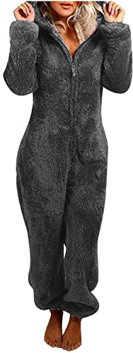 Battnot Jumpsuit Damen Teddy Fleece Einteiler Overall Anzug Flauschig Schlafanzug Winter Warm Onesie Plüsch Kuschelig Overall Hausanzug Lang Schlafoverall Weich Pyjama Schlafanzug mit Kapuze S-5XL
