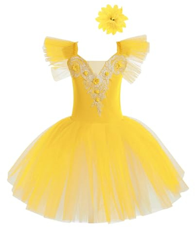 Freebily Vestito Tutu da Balletto per Ballo Bambina Ragazza Vestito da Danza Classica Ballerina Body da Pattinaggio Artistico + Copricapo Abito da Ballo Latino Ginnastica Giallo 9-10 Anni