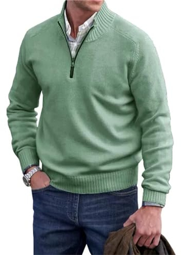 Maglione basic da uomo in cashmere con cerniera, maglione da uomo con cerniera a un quarto, maglione girocollo basic da uomo lavorato a maglia (verde, M)