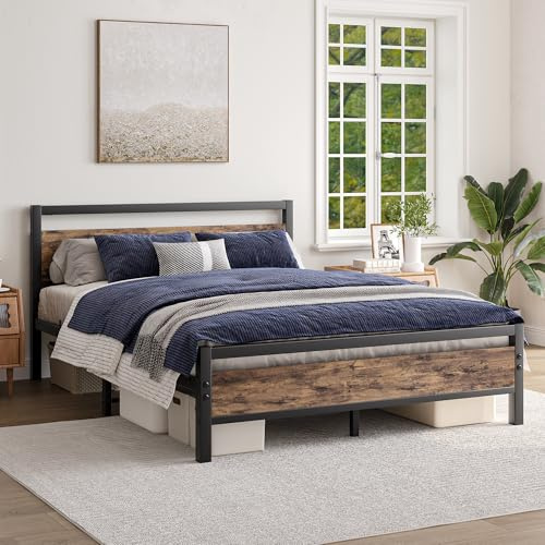 JELUTE - Base de cama de plataforma metálica tamaño King con cabecero y estribo de madera, soporte de acero resistente, no requiere somier, montaje fácil, color negro