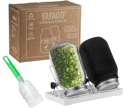 Yayago Sprossenglas Starter-Set I 2er Keimglas Set 1000ml für Sprossen & Keimlinge I Anzuchtset für Kräuter, microgreens, Kresse I Inkl Siebdeckel, Abtropfschale, Verdunklungshüllen & Reinigungsbürste