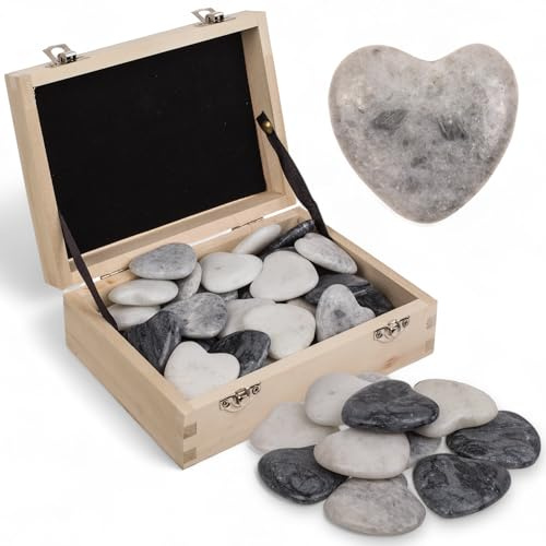 MIJOMA Piedras mágicas en forma de corazón de piedra natural – 36 colores surtidos en caja de madera, piedras calmantes para aliviar el estrés, 4,5 cm