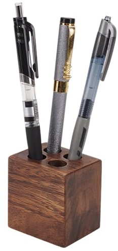 MAYJOYDIY Holz Quader Walnuss Stifthalter mit 4 runden Löchern Stilvolle Vintage Schreibtisch Organizer Bleistifthalter Füllfederhalter Tablett für Home Klassenzimmer Desktop Schreibwaren Zubehör