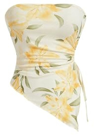 GORGLITTER Top de tubo para mujer, sin tirantes, estampado floral, parte superior asimétrica, con abertura lateral, amarillo, M