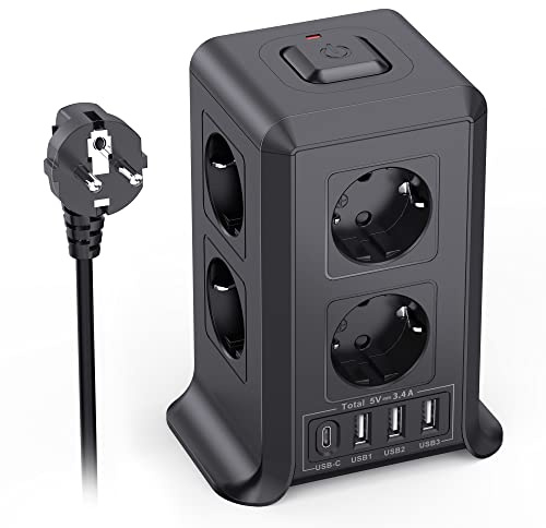 10M Verlängerungskabel, 8 Fach steckdosenleiste mit Schalter, Mehrfachstecker Überspannungsschutz mit 3 USB 1 USB C Mehrfachstecker, Verteilersteckdose mit Schalter, Steckdosenturm für Zuhause, Büro