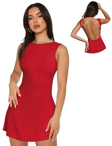 Sukiglam Vestito Donna Sexy Schiena Scoperta Mini Abito Elegante Senza Maniche Collo a Barca Vestito Estivo da Sera Bodycon A Line Abiti Corto Casual Vestiti Curvy per Cocktail Discoteca Festa