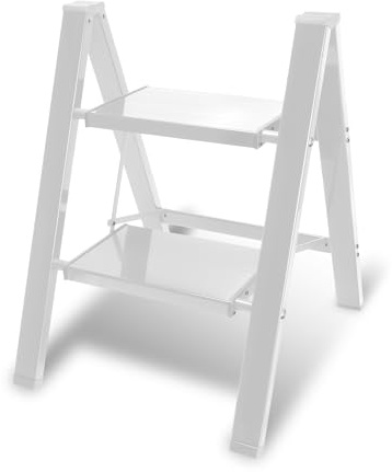 Peviasot Trittleiter, Klapptrittleiter 2 Stufen Klappbar, Leicht Stehleiter, Aluminium Tritthocker, rutschfeste Leiter mit Klappsicherung, Klappleiter für Haushalt, Küche, Belastbar bis 150kg, Weiß