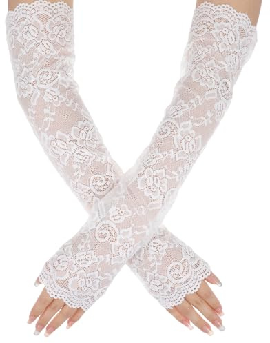 Quilax 1 Parr Spitzenhandschuhe,Damen Fingerlose Handschuhe,Vintage Spitzenhandschuhe,UV-Schutz Armstulpen für Damen,1920er Jahre Vintage Tee Party,Braut Hochzeit,Braut Abend Kostüm Zubehör(Weiß)