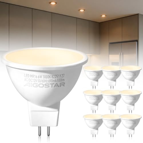 Aigostar GU5.3 LED Lampadina MR16, 6W=45W, 3000K, AC/DC12V, Pacco da 10