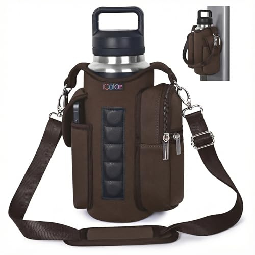 icolor Magnetic Gym Bag Water Bottle Carrier Holder with Strap & Phone Pockets, Diameter 3.9 Small Magnetic Bag 5 Built-in Magnets Gym Accessories Organizer Bottle Pouch Sling Cover (Neoprene, Brown)