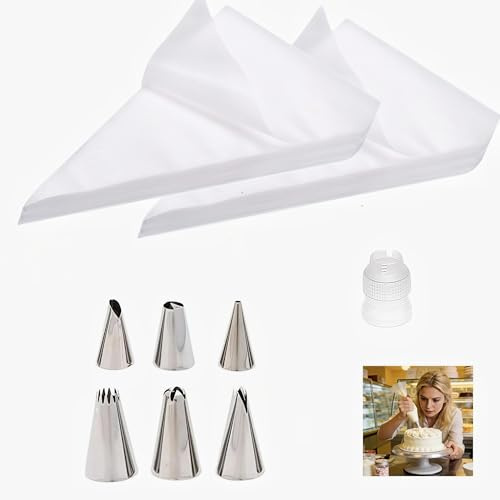 100 mangas pasteleras desechables, 20 × 30 cm, juego de mangas pasteleras desechables con 7 boquillas de acero inoxidable, bolsa de pastelería profesional, juego para boquillas pasteleras, accesorios