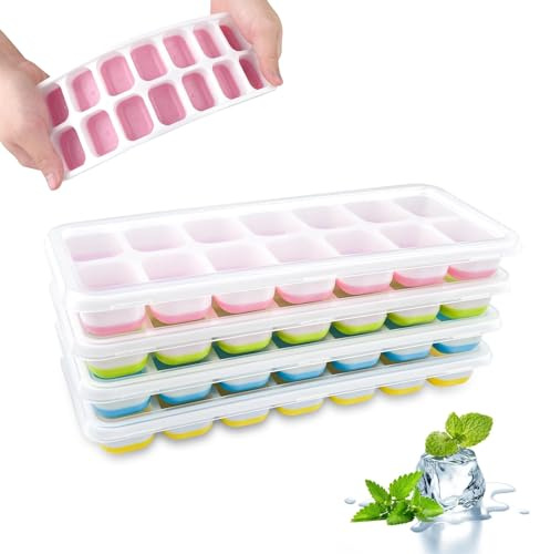 Comzantor Set di 4 Stampo Ghiaccio Silicone, Impilabile Vassoio per Cubetti Ghiaccio con Coperchio, Ice Cube Tray BPA Free, Facili da Rilascio Formine Ghiaccio per Cocktail, Whisky, Bevande, Caffè