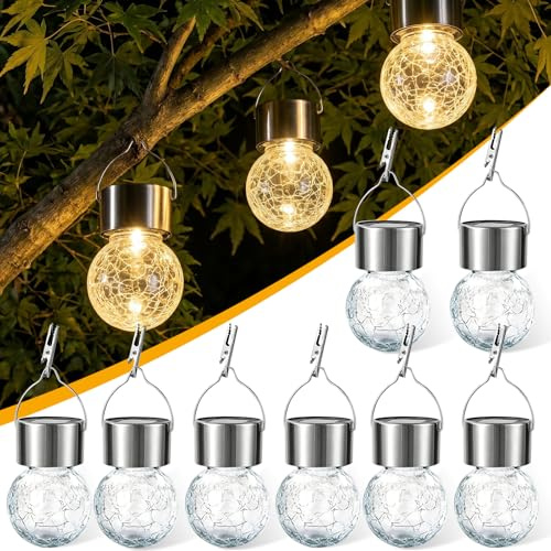 Innvist Hanging Solar Lights Outdoor Garden, 8 Pack Cracked Glass Hanging Ball Lights with Handle, IP65 Waterproof Outdoor Lanterns Decorative Globe Lights for Garden Yard Tree Balcony Patio Gazebo