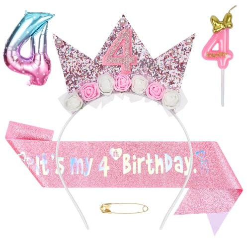AYBUY Corona de cumpleaños para niñas de 4 años, Diadema Cumpleaños Corona con Flores Rosas y Purpurina, Banda de Purpurina, Velas de cumpleaños número 4, decoración de fiesta de cumpleaños